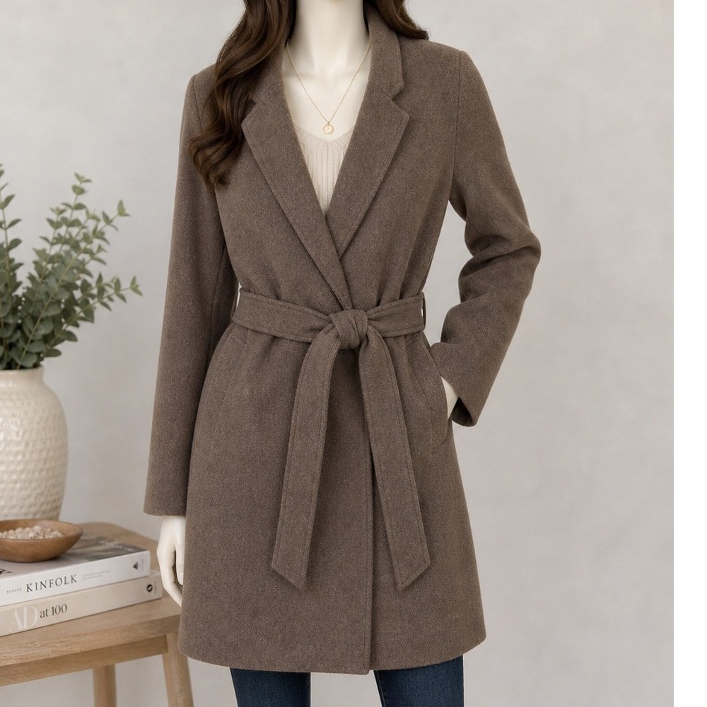 H&M Womens Wrap Coat Brown Belted Recycled Wool Blend Medium